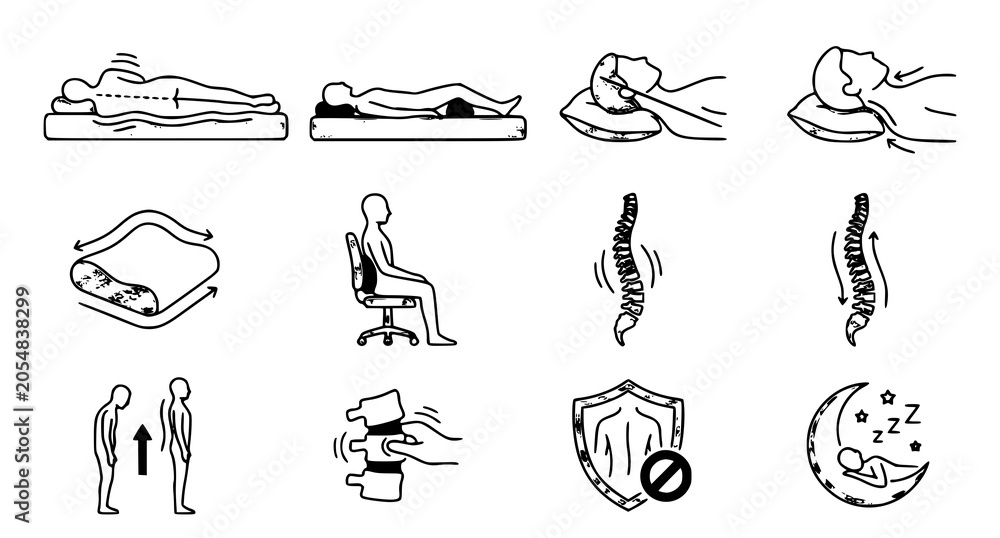 Fototapeta premium Animated Spinal Health and Orthopedic Sleep Position Outline Icon Collection