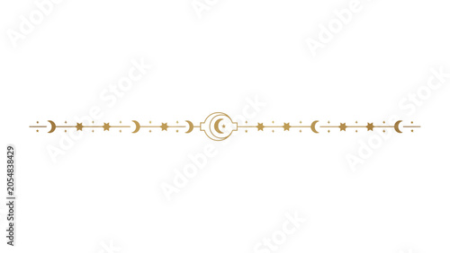 Celestial Alignment Divider: A delicate golden divider features a sequence of moon phases, culminating in a crescent moon icon at its center, symbolizing cosmic cycles and celestial harmony.