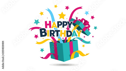Foto Happy Birthday Surprise: A vibrant gift box bursts open with confetti, streamers, and stars, revealing the celebratory message Happy Birthday in bold, colorful letters