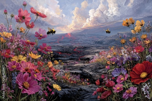Volcanic landscape with resilient bees on lava-flow wildflowers, rebirth theme