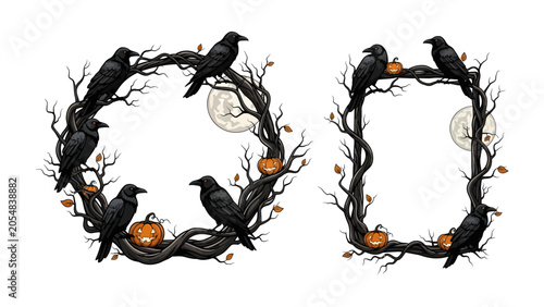 Cuadro en lienzo Halloween Raven and Pumpkin Wreath and Frame: An eerie collection of black ravens perched on gnarled, leafless branches forming a wreath and a rectangular frame