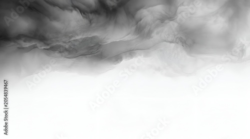 Ultra-high-resolution minimalist monochrome composition featuring a dramatic atmospheric texture occupying the upper third of the frame and expansive pristine white negative space filling the lower tw