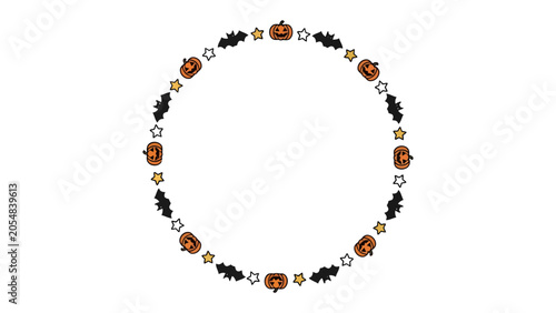 Obraz na plátně Halloween Wreath of Pumpkins, Bats, and Stars: A whimsical circular frame adorned with festive Halloween motifs including smiling pumpkins, silhouette bats, and twinkling stars
