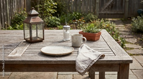 A rustic wooden table set for outdoor breakfast with a ceramic plate and coffee mug