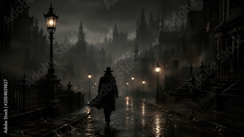 Detective in long coat walking down dark street in gloomy victorian city at night. Mysterious man exploring foggy town with vintage lamp and castle architecture. Gothic horror style.