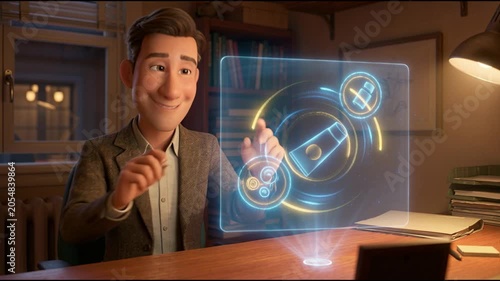 Man interacting with futuristic digital interface office environment