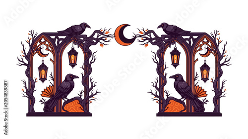 Obraz na płótnie Spooky Halloween Archway: An eerie illustration depicts two ornate archways adorned with bare branches and flickering lanterns, with a crescent moon hanging above
