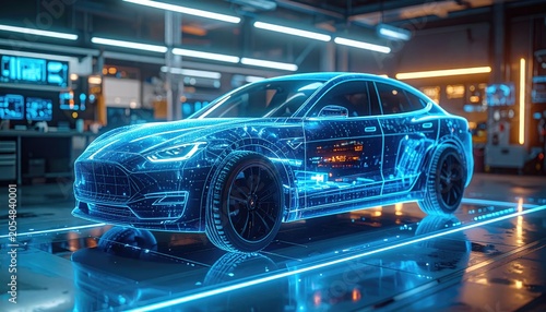 Futuristic car design, blue holographic blueprint in an industrial, high-tech garage setting, neon blue lights