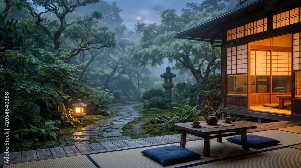 Obraz premium Traditional japanese house with tatami room and serene garden at dusk