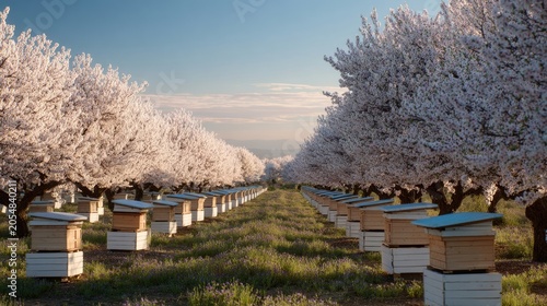 Wide shot of a blooming almond orchard with honeybee boxes, rows of white trees, soft spring colors