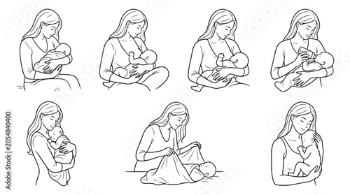 Canvas-taulu Breastfeeding positions line art set, mother nursing newborn baby, 7 infant care