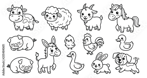 Foto Cute farm animals coloring page, 13 cartoon livestock vector set, black and whit