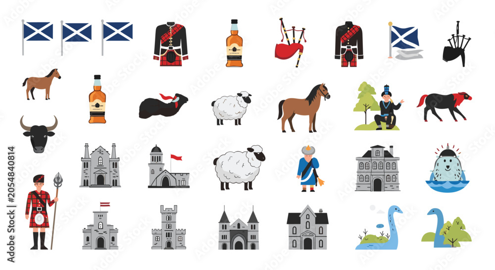 Fototapeta premium Extensive collection of Scottish culture icons featuring bagpipes, whisky, Loch Ness monster, kilt, castle, and the flag of Scotland.
