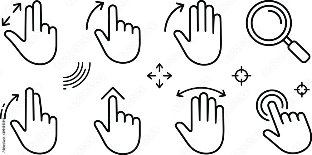 Fototapeta premium Touch screen hand gestures icon set black linear vector collection for phone display interface swipe zoom navigation graphic design