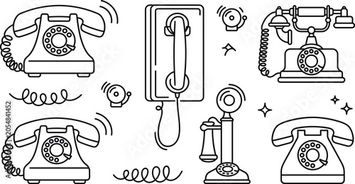 Fotografía Vintage telephone retro rotary dial icon set black linear vector icons collectio