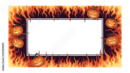 Bild auf Leinwand Fiery Halloween Frame with Pumpkins: A spooky and festive Halloween-themed frame featuring carved jack-o'-lanterns surrounded by an intense border of licking flames