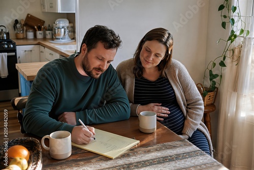 Pregnant woman and man sitting at table in kitchen. Couple planning budget for upcoming child. Expectant parents discussing finance and baby preparation together at home. Lifestyle.