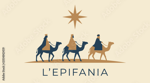 Tableau sur toile Minimalist vector illustration of the Three Wise Men on camels following the star for Epiphany