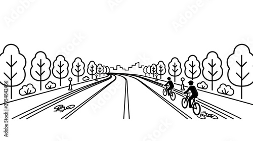 Foto Two cyclists riding bicycles along a dedicated urban bike lane path