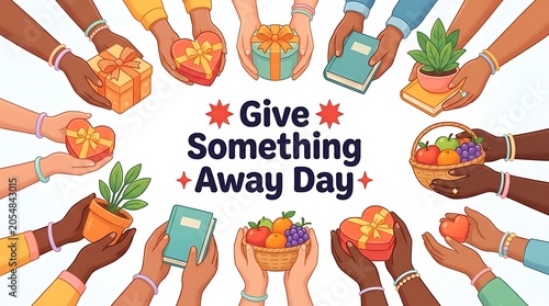 Colorful illustration of diverse hands giving gifts and items for give something away day celebration