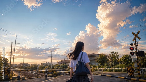 Japanese schoolgirl walking near railroad crossing at sunset. Student with bag crossing train tracks in town. Anime style summer scenery with cloudy sky. Lifestyle and youth concept.