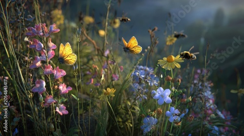 Wild meadow ecosystem scene with butterflies and bees coexisting, natural harmony