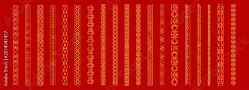 Ornament East asian decorative border set. Elegant retro dividers on red background. Chinese golden decoration, design element. Geometric line classic collection