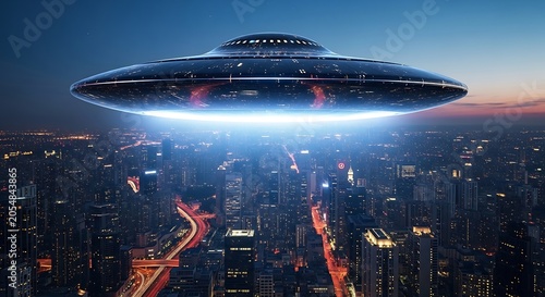 Ufo above city skyline at night futuristic concept illustration