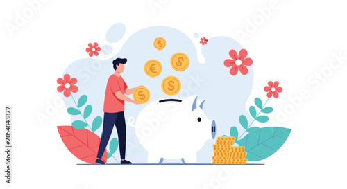 Illustration of a man carefully inserting a gold coin into a large white piggy bank surrounded by decorative flowers and plants.