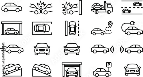 Car line icon set featuring vehicle accident parking tow truck garage electric automobile navigation and traffic symbols.eps