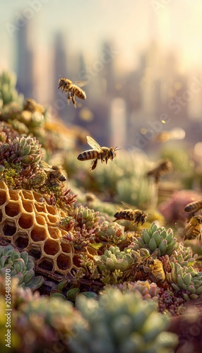 World Bee Day celebration scene with diverse wild bees pollinating an urban rooftop garden, honeycomb structures amid succulents, city skyline soft-focused behind, hopeful morning light