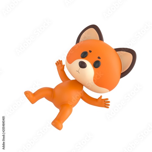 Fotografie Cute 3D render Little Fox character slipping and falling, surprised and playful expression, dynamic mascot style, isolated on white background