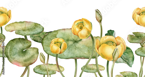 Photography Seamless horizontal border or banner with watercolor yellow water lilies and green leaves
