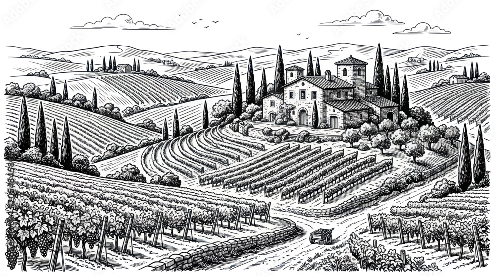 Fototapeta premium Tuscany landscape with vineyard hills and rustic stone villa