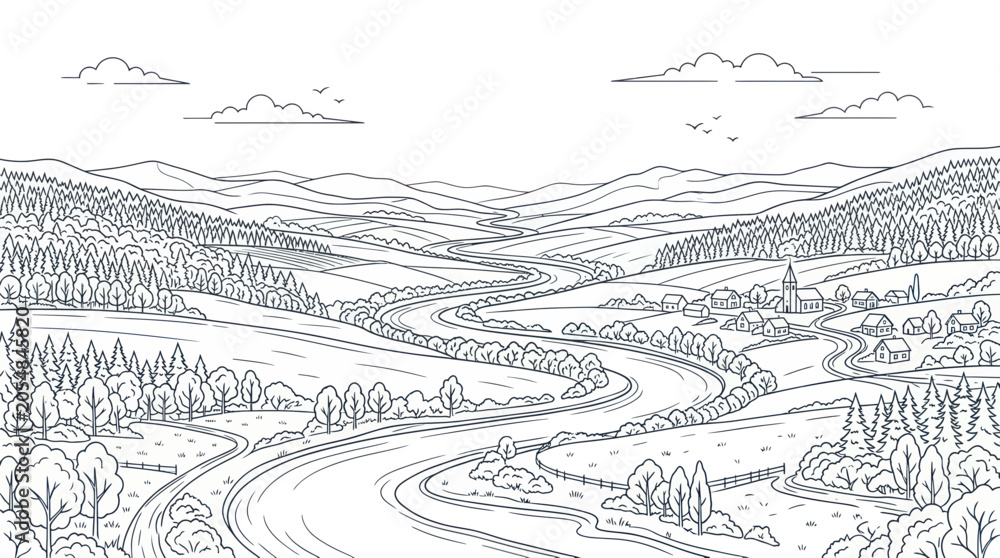 Fototapeta premium Rural landscape sketch with winding river village and forest hills