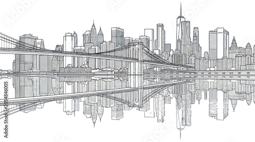 Manhattan cityscape and suspension bridge line art with reflection