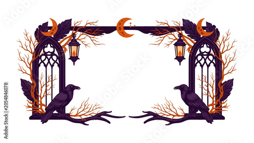 Bild auf Leinwand Gothic Halloween Frame: An eerie Halloween-themed frame featuring raven silhouettes, crescent moons, gothic archways, and bare branches, creating a spooky and decorative border