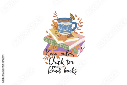Photos Mug on books with Keep calm Drink Tea and read Books pun quote Sublimation Desig