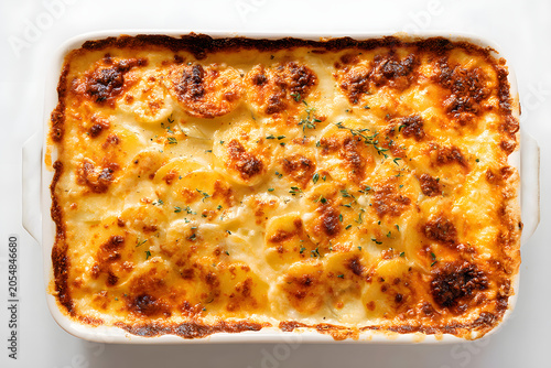 Delicious American Cheesy Scalloped Potatoes Baked to Perfection in a White Serving Dish