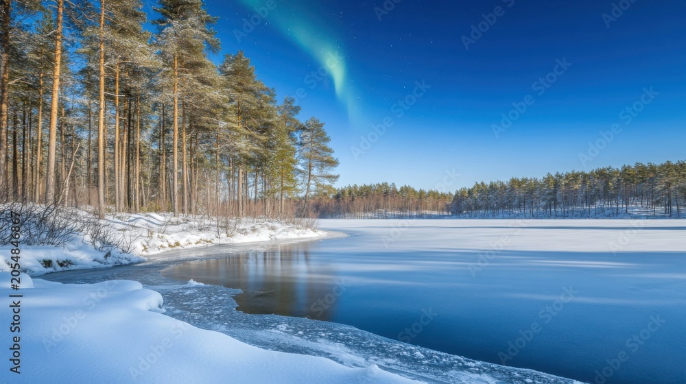 Obraz premium Aurora Borealis Over Frozen Winter Lake Landscape