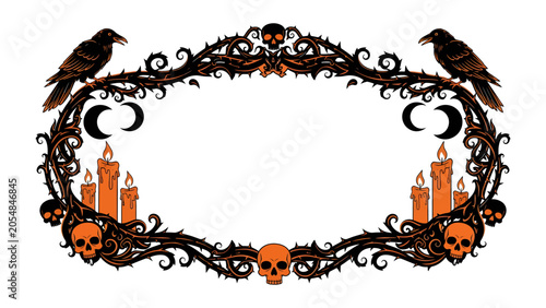 Fotografía Halloween Emblem: A hauntingly beautiful emblem featuring ravens, skulls, crescent moons, and flickering candles, intricately woven into thorny branches, perfect for spooky invitations or decorations