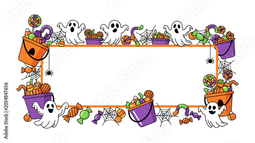 Photos Halloween Candy Border: A festive and playful border design for Halloween, featuring cute ghosts, candy buckets overflowing with sweets, lollipops, and spooky spiderwebs