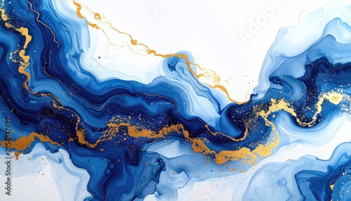 Abstract fluid art with swirling blues, teal and gold accents on a white backdrop. Modern, elegant