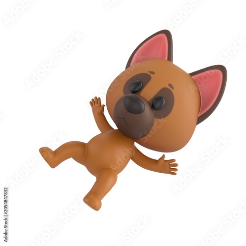 Fotografía Cute 3D render German Shepherd Dog character slipping and falling, surprised and playful expression, dynamic mascot style, isolated on white background