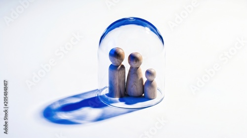 Wooden Family Figurines Under Glass Dome Symbolizing Protection