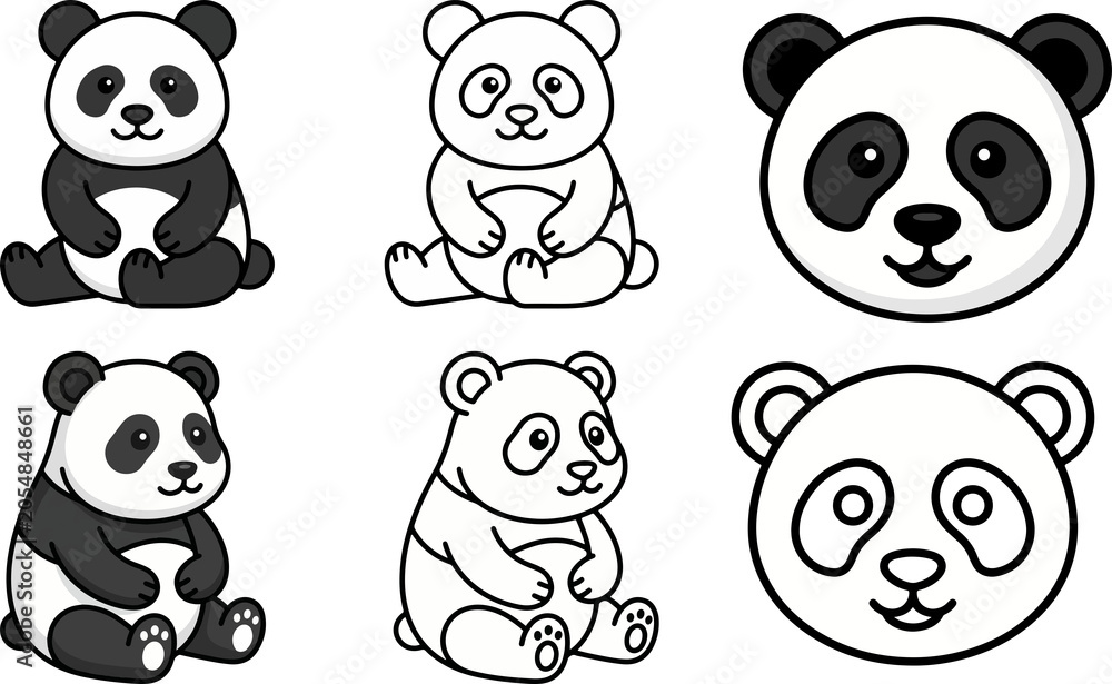 Obraz premium Panda Flat Style Vector Illustration Set with Colored and Outline Design on Transparent Background