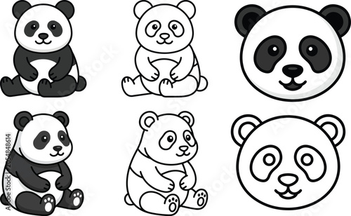 Panda Flat Style Vector Illustration Set with Colored and Outline Design on Transparent Background