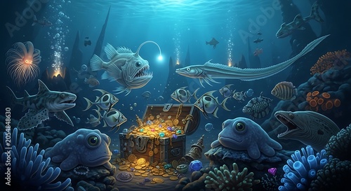 Underwater scene depicting marine life treasure chest in deep sea
