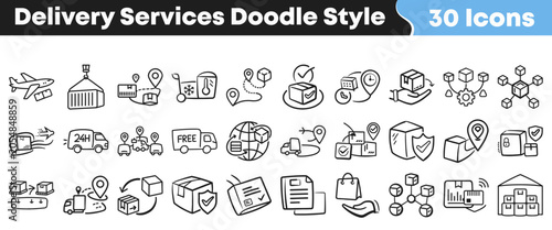 Hand drawn collection of logistics and delivery service doodle icons