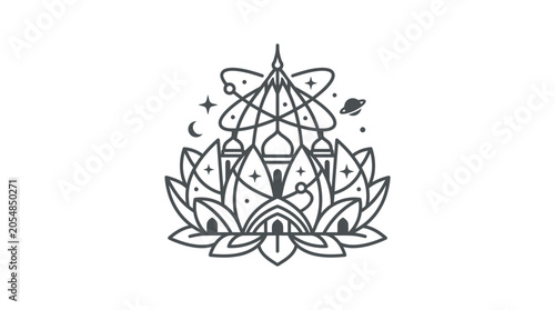 Fotografija Abstract lotus temple with orbiting celestial bodies illustration